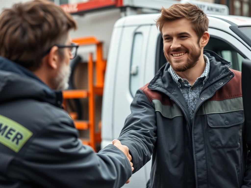 A close-up photograph of a happy customer shaking hands with a recovery specialist after receiving assistance. The scene conveys trust and satisfaction, with the recovery vehicle visible in the background. The specialist wears a friendly smile, reinforcing the commitment to excellent service. This high-resolution image captures the essence of customer experience, using a 45mm f/1.2 lens to focus on the interaction and the positive outcome.