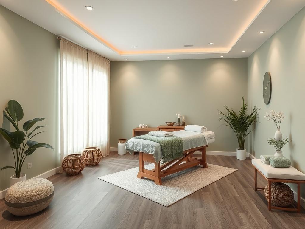 A serene massage therapy room with soothing green and gray tones, featuring a comfortable massage table, soft lighting, and calming decorations. The atmosphere should feel peaceful and inviting, encouraging relaxation and healing.