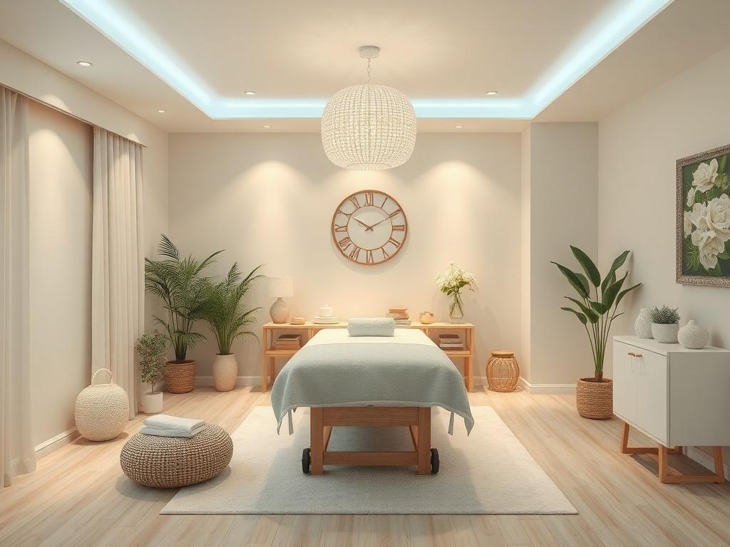 A serene therapy room with soft lighting and calming colors,