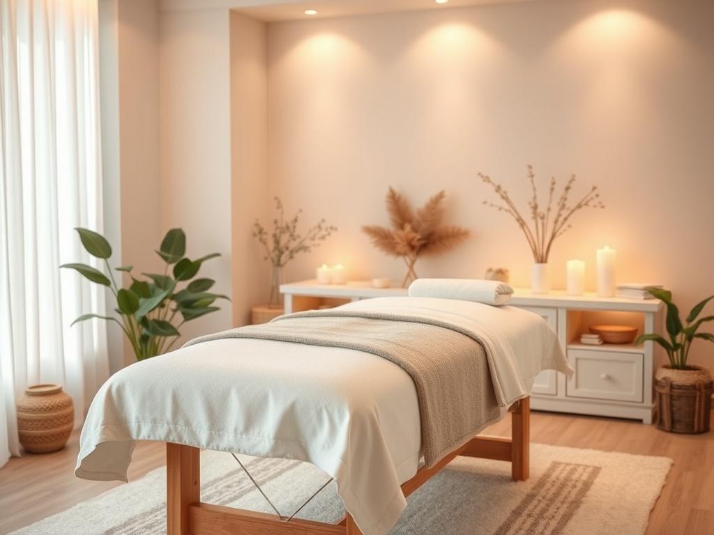 A serene massage therapy room with soft lighting, featuring a
