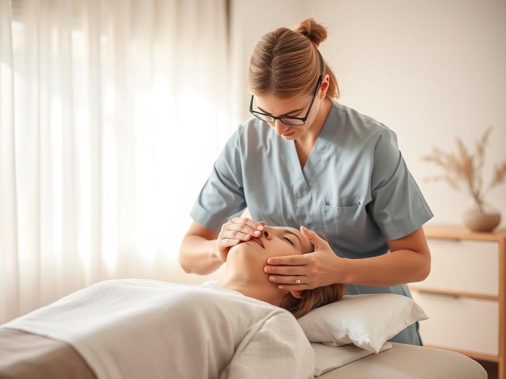 A focused therapist performing facial physiotherapy on a patient in
