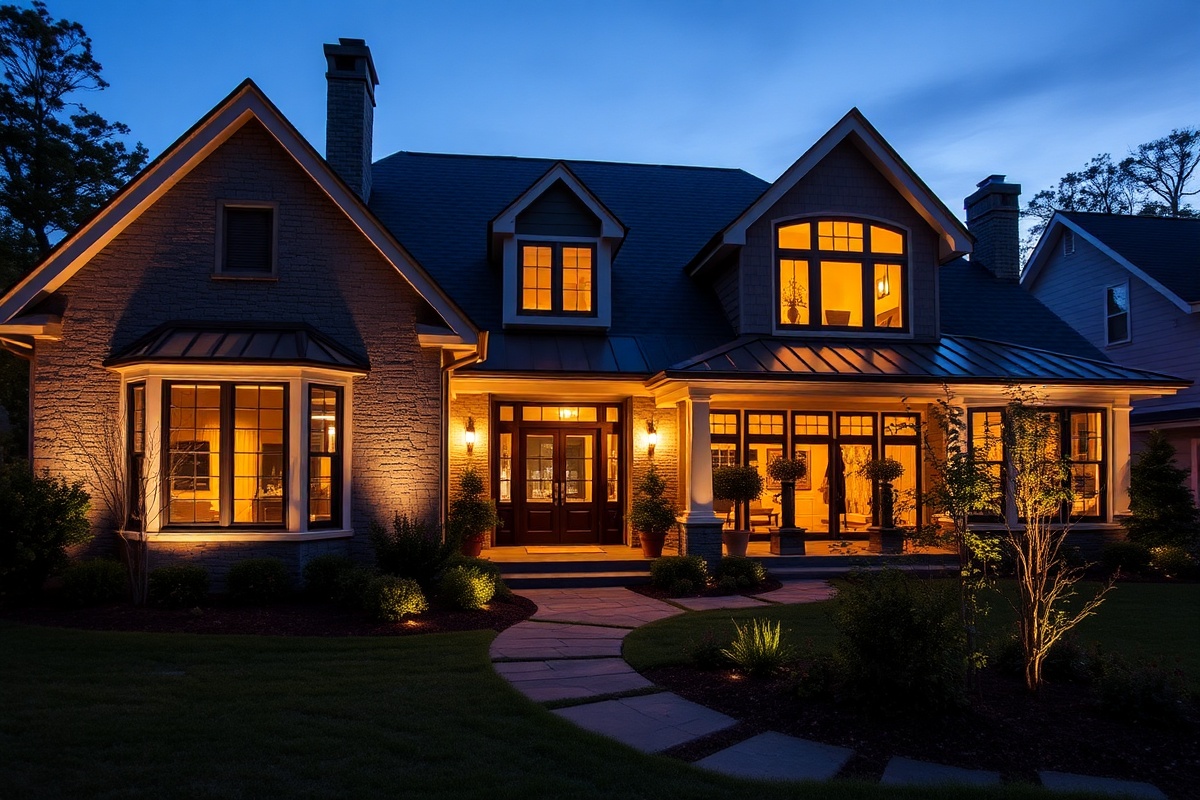 Beautiful home addition with landscape lighting