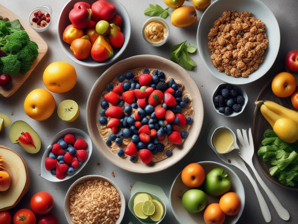 A vibrant and healthy meal spread on a table, featuring colorful fruits, vegetables, and grains. The setting is bright and inviting, with natural light illuminating the food, creating a fresh and energizing atmosphere.