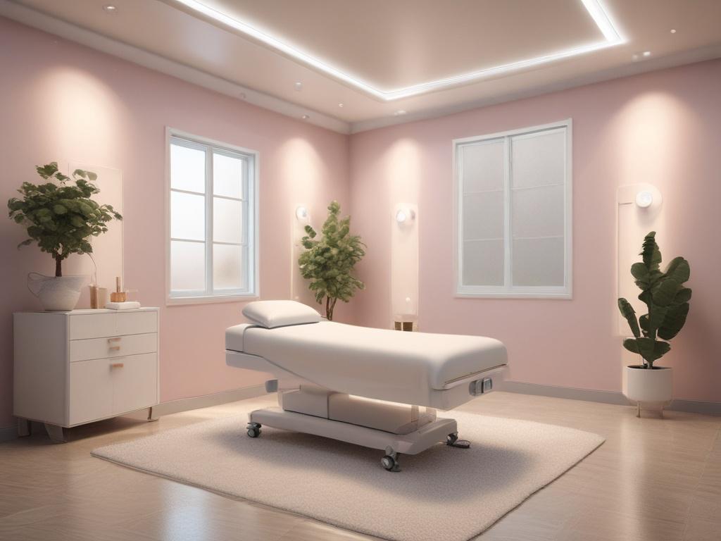 A serene and calm therapy room with a comfortable treatment bed, soft lighting, and gentle pastel colors. A high-tech biorésonance machine is displayed prominently in the background, emphasizing a peaceful and healing environment.