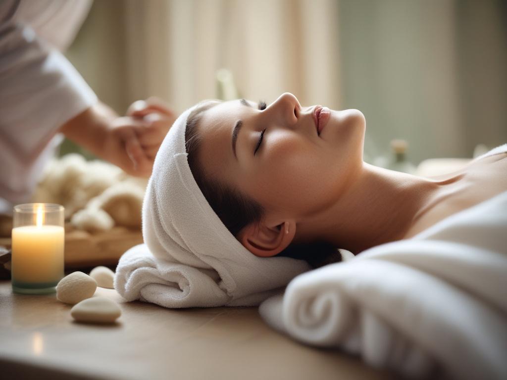 A close-up of a serene woman receiving a facial treatment in a tranquil spa environment. The scene is filled with soft, natural light, emphasizing relaxation and rejuvenation. Gentle skincare products are placed nearby, enhancing the atmosphere.