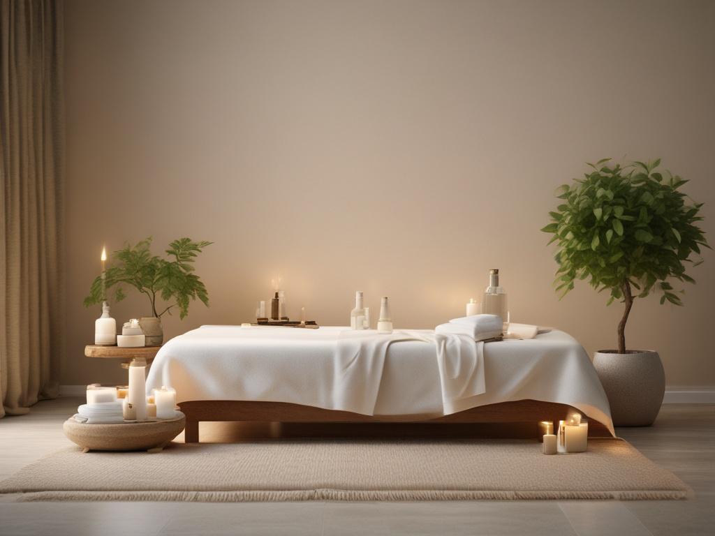A serene and calming image of a woman receiving a facial treatment with soothing products. The setting is a softly lit spa room with gentle colors, featuring a comfortable treatment bed and natural elements like plants. The focus is on the woman's peaceful expression as she enjoys the Soin AZELA treatment, creating an atmosphere of relaxation and rejuvenation.
