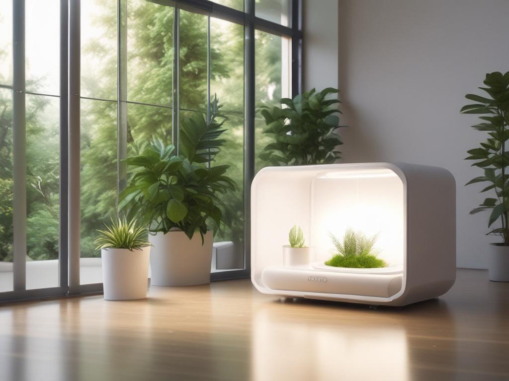 A serene and peaceful environment featuring a modern biorésonance machine. The machine is in focus, with soft lighting illuminating its sleek design. In the background, there are calming elements like plants and gentle colors, creating an atmosphere of tranquility. The setting conveys a sense of healing and wellness.