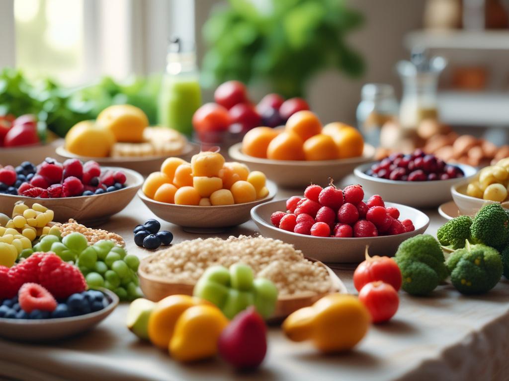 A beautifully arranged table with healthy foods like colorful fruits, vegetables, and grains. The setting is bright and inviting, with natural light streaming in. The focus is on the vibrant food, suggesting vitality and health. The background features soft, neutral tones that enhance the freshness of the food.