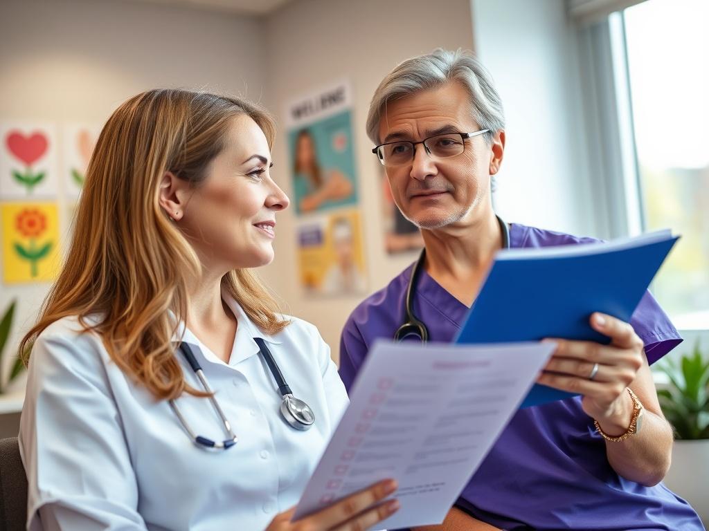 A nurse practitioner and patient engaged in a preventive healthcare discussion in a bright, well-lit office. The nurse is showing a preventive care checklist, while the patient nods thoughtfully. The background includes wellness posters and a cozy atmosphere, emphasizing the importance of health awareness.