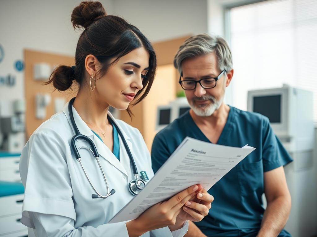 A close-up shot of a nurse practitioner consulting with a patient in a bright, inviting clinic. The nurse is holding a health assessment form, looking engaged and professional, while the patient appears attentive and relaxed. The background showcases medical equipment and a warm, welcoming environment, reflecting trust and care in healthcare.