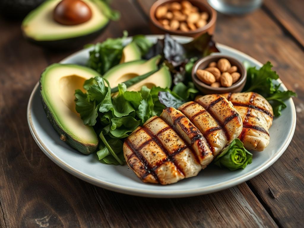 A close-up shot of a beautifully arranged plate featuring a variety of keto-friendly foods. The plate should include avocado slices, grilled chicken, leafy greens, and a small bowl of nuts, all displayed on a rustic wooden table. The background should be softly blurred to keep the focus on the vibrant colors and textures of the food. The image should evoke a sense of health and wellness, capturing the essence of a keto diet.