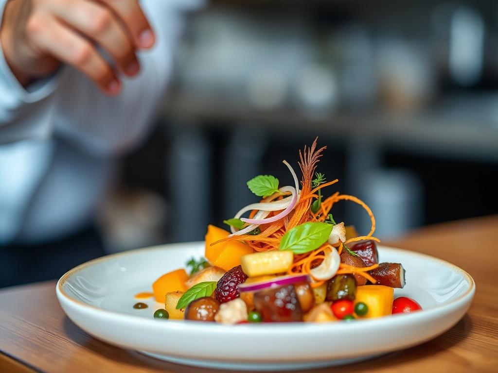 A hyper-realistic close-up shot of a beautifully plated gourmet dish, showcasing vibrant colors and exquisite presentation. The dish should include fresh ingredients, artfully arranged to highlight the culinary skills of the chef. The background should be softly blurred to keep the focus on the dish, creating a tempting visual appeal. Capture the essence of modern cuisine with attention to detail, using a 45mm f/1.2 lens to enhance textures and colors.