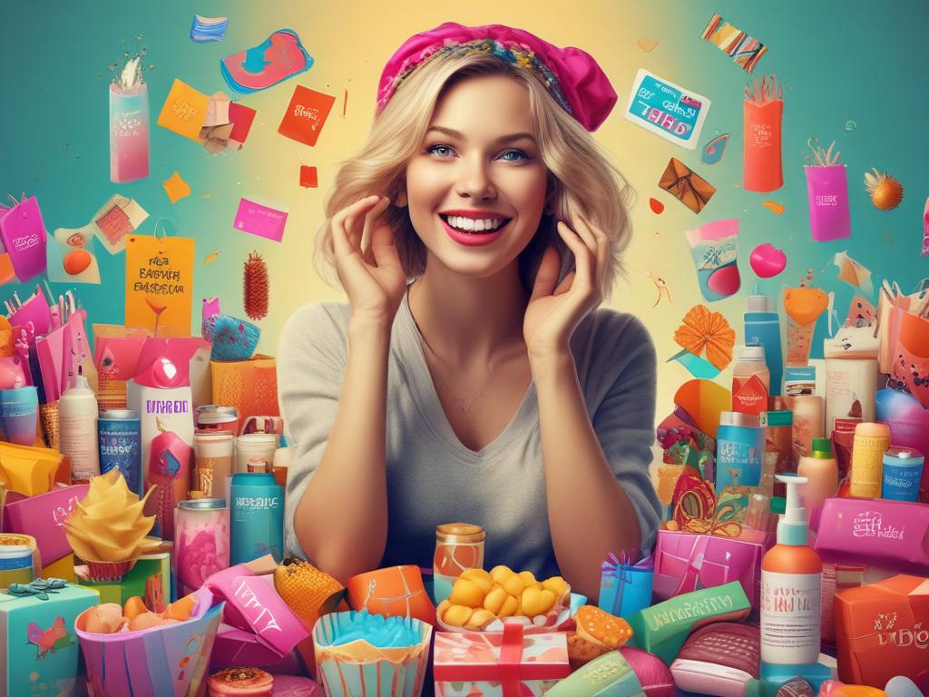 A vivid, high-resolution image of a joyful person surrounded by a variety of enticing freebies, such as gift cards, snacks, and beauty products. The background is minimalistic, featuring clean lines and a bold, vibrant color scheme that complements the primary color #C31755. The person is smiling, conveying excitement and happiness, with the freebies visually appealing and prominently displayed.