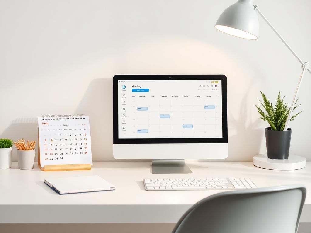 A clean, organized desk with a calendar and a digital