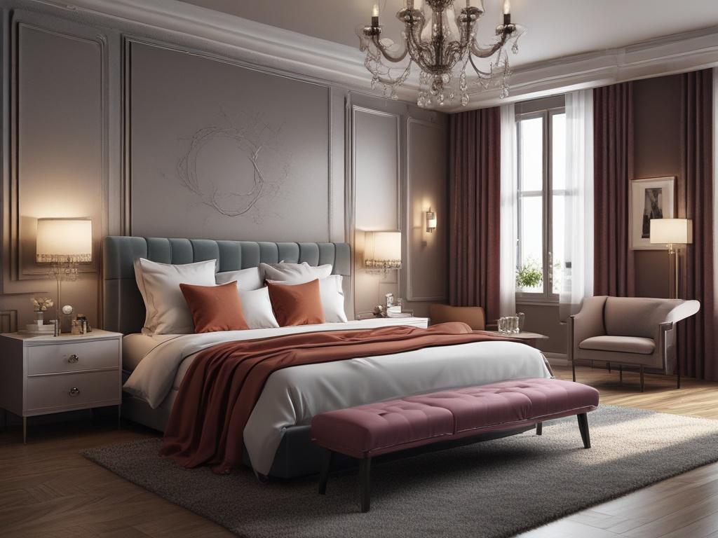 An elegant bedroom setting with two beautiful escorts playfully interacting