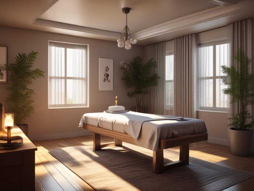 A serene room with dim lighting, featuring a massage table