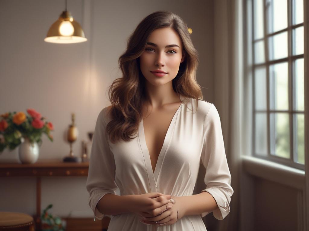 A beautiful young woman in a stylish outfit, radiating confidence