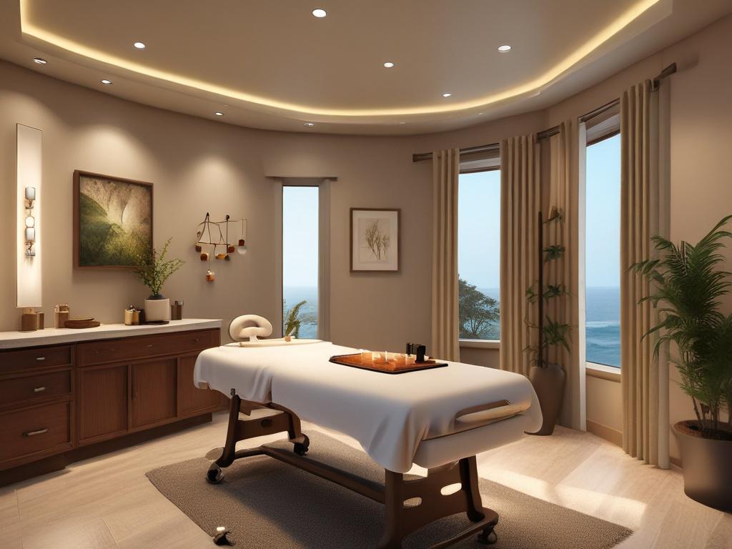 A serene and inviting massage room with soft lighting, featuring