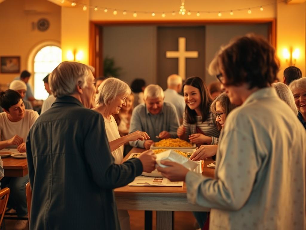 A lively community event at a church with people engaging