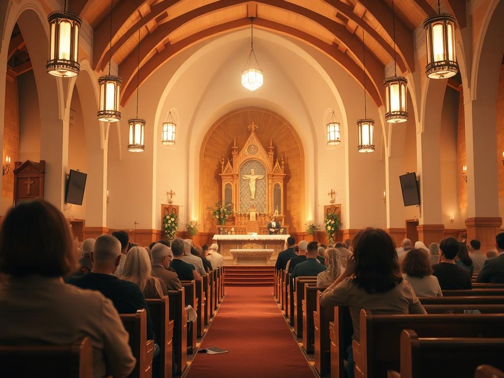 A warm and inviting interior of a church with soft