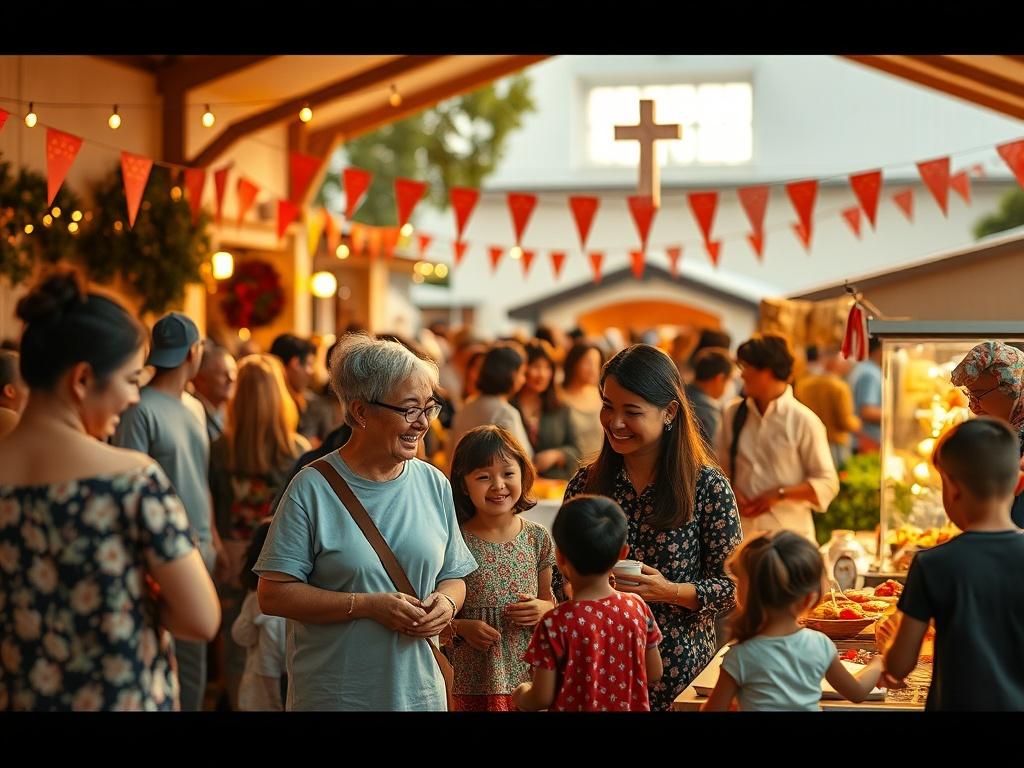 A lively community event at a church, showcasing families and
