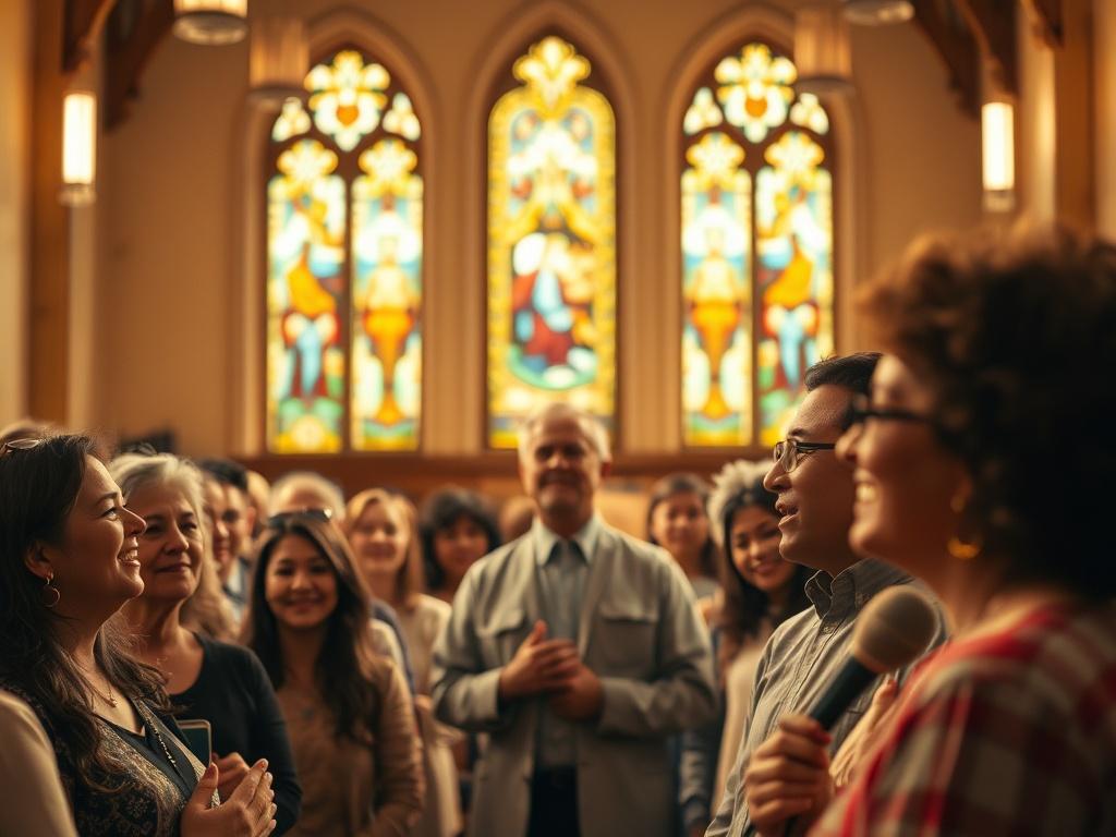 A warm and inviting church interior with soft golden lighting,