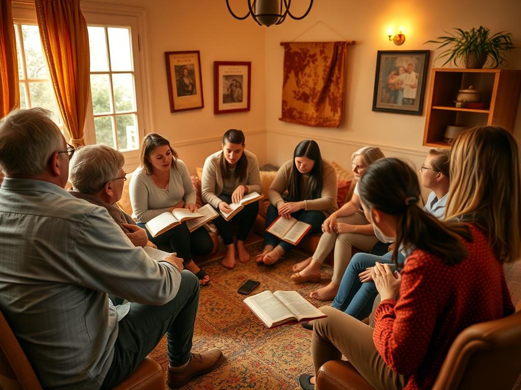 A cozy room with soft lighting where a diverse group