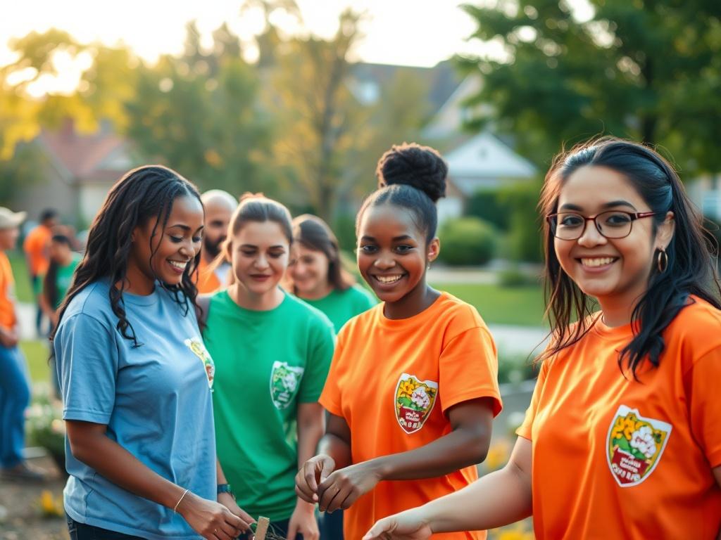 A group of volunteers in bright t shirts working together