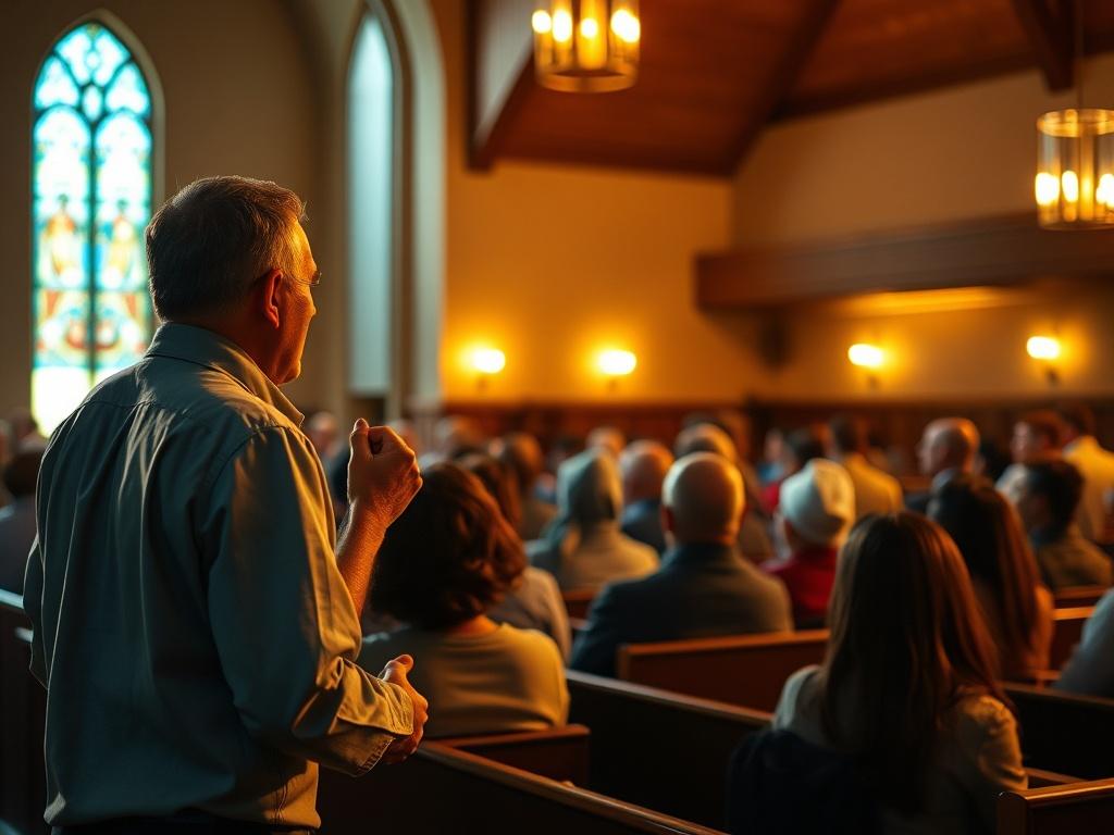 A serene church interior with warm golden hues, soft lighting