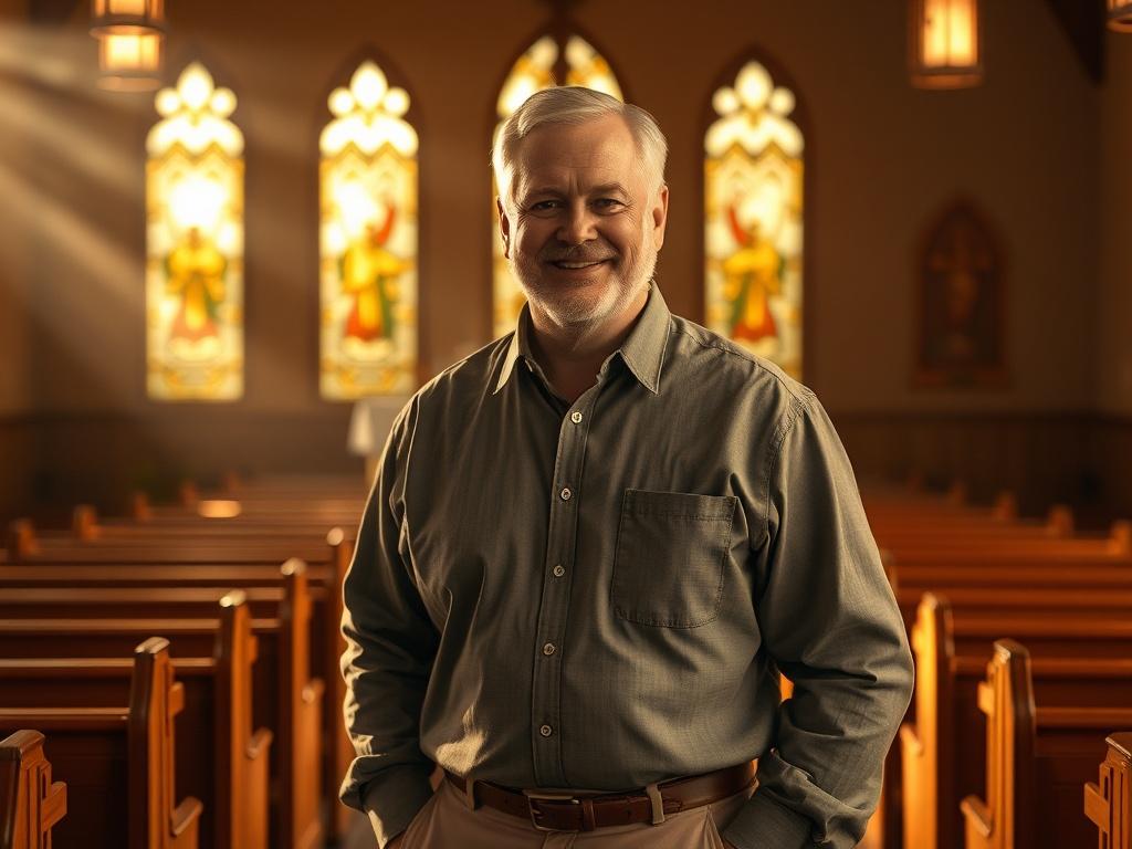 **AI Image Generation Prompt:**

Create a realistic high-resolution photo that captures the pastoral journey of Brendan Henzel. The image should feature Pastor Brendan Henzel as the sole subject, standing in a warm, inviting church environment. He is a middle-aged man with a kind smile, wearing a casual yet respectful outfit, such as a button-down shirt and slacks, projecting a sense of approachability and warmth.

For the composition, place Brendan slightly off-center to the right, allowing for a gentle ba