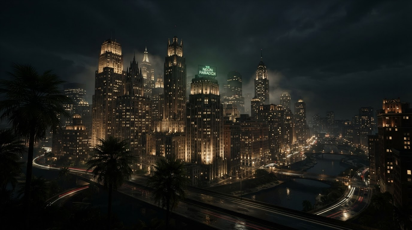 New Ashen City skyline at night with GPK branding subtly integrated