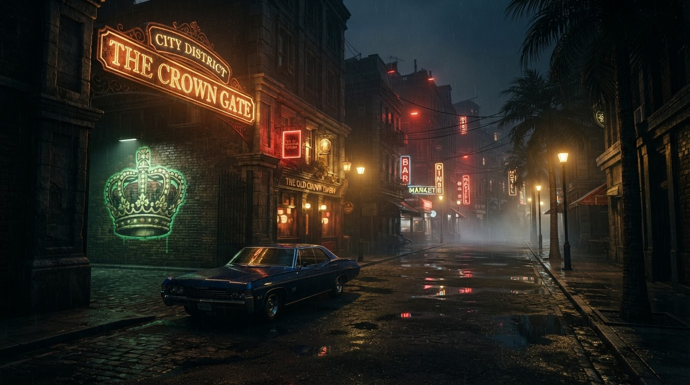 Gateway street view into New Ashen City at night — dark stone architecture, rain, palms, classic cars, gold street lamps