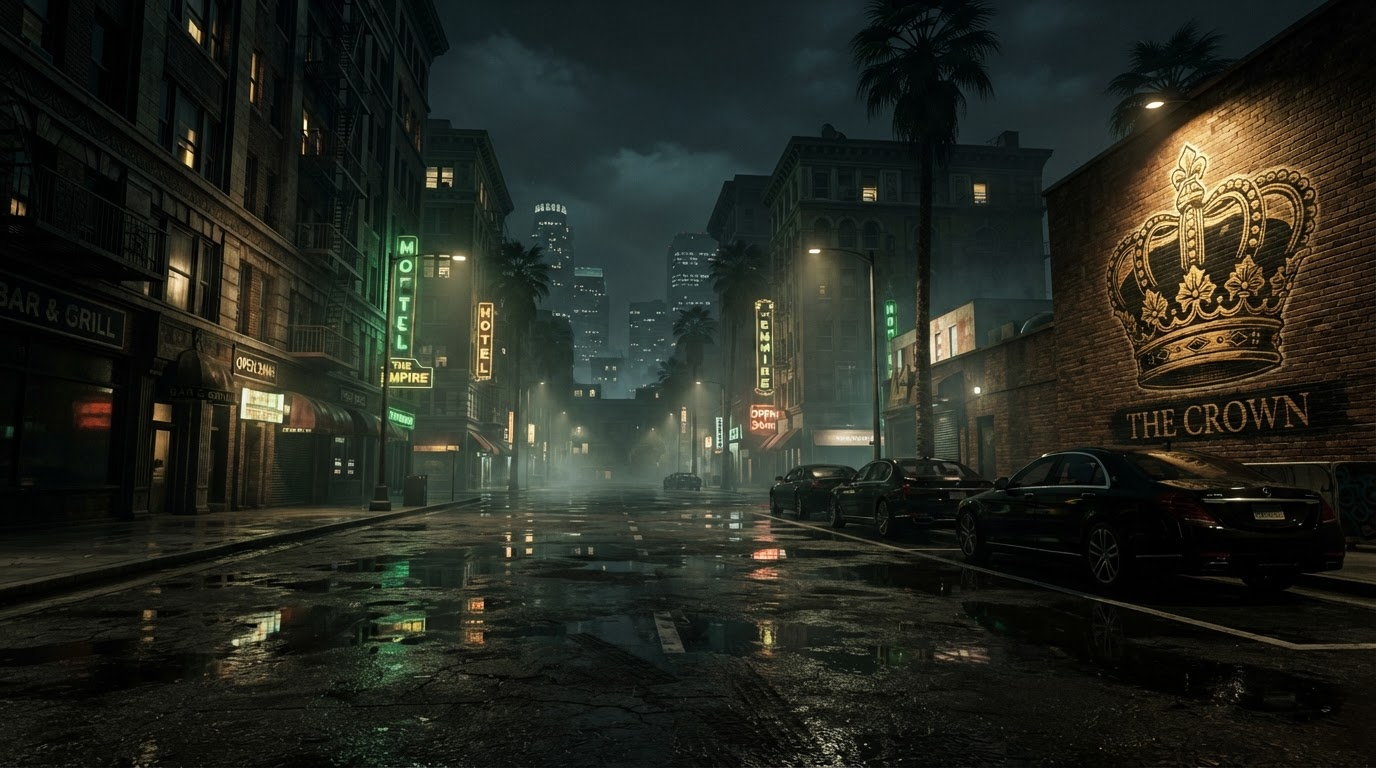 New Ashen City street at night after rainfall, wet pavement reflecting city lights