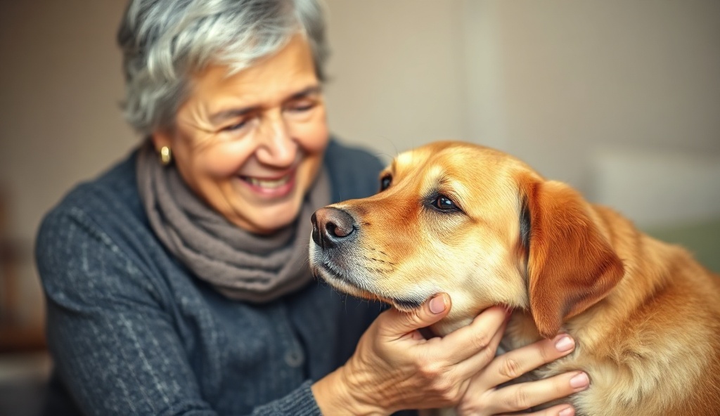 Senior with golden retriever, peaceful and content