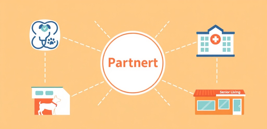 Partnership collaboration between veterinary clinics, senior living, healthcare, and pet businesses
