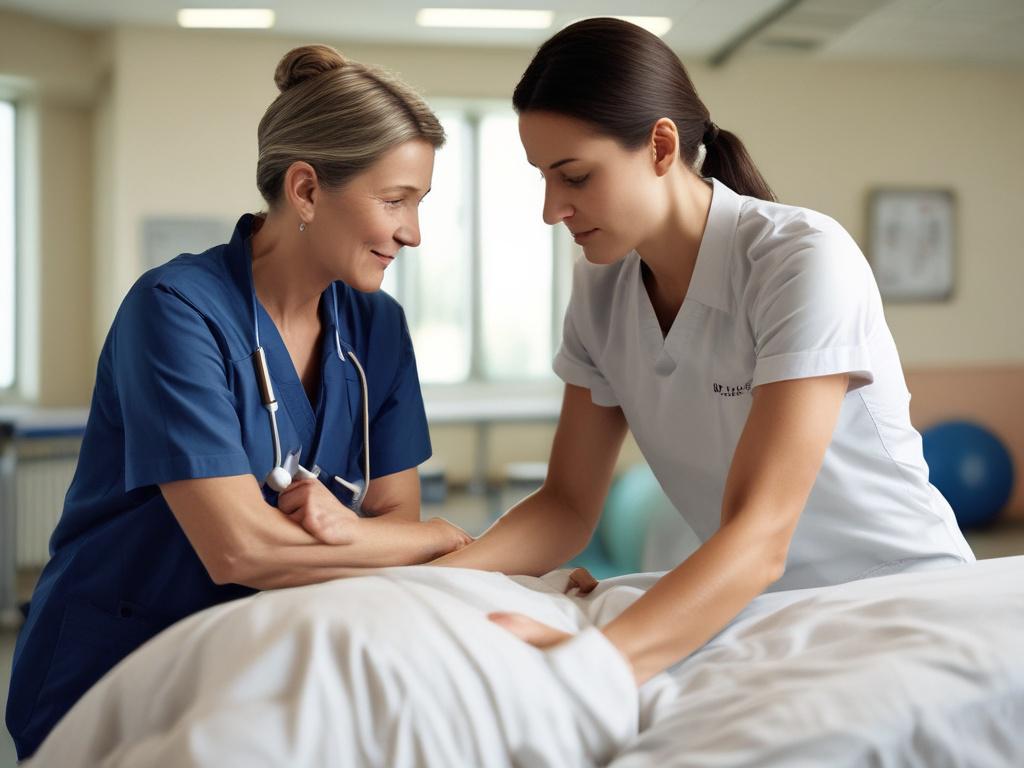 A close up of a physical therapist guiding a patient