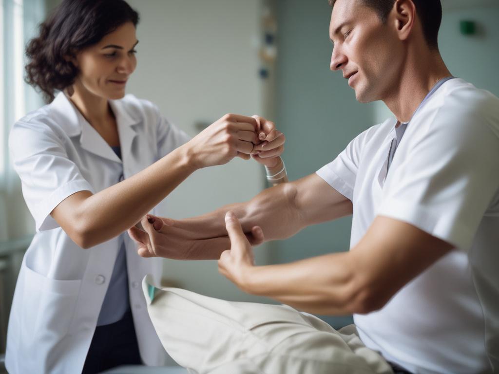 A close-up shot of a patient undergoing rehabilitation therapy in a well-lit, serene clinic environment. The therapist is gently guiding the patient's arm through exercises, showcasing a sense of care and professionalism. The background is softly blurred to emphasize the interaction, with hints of rehabilitation equipment subtly visible. The color scheme reflects the primary color rgb(226, 1, 1) to create a warm and inviting atmosphere.