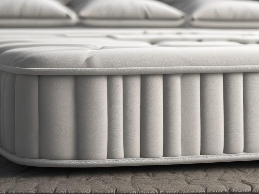 A close-up shot of a luxurious, comfortable mattress designed for pain-free sleep. The mattress is plush, showcasing its inviting texture and layers. Soft, neutral colors dominate the scene, creating a calming atmosphere. The background is softly blurred to emphasize the mattress, giving it a hyper-realistic look. The lighting is warm and inviting, highlighting the contours and comfort features of the mattress.