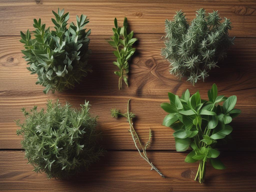 A hyper-realistic close-up shot of a variety of Greek herbs and botanicals displayed on a rustic wooden table. The herbs should include olive leaves, oregano, and thyme, arranged artistically with a blurred green background that suggests a natural setting. The focus should be sharp on the herbs, showcasing their vibrant colors and textures. The lighting should be warm and inviting, enhancing the vividness of the colors. The image should reflect a sense of tranquility and the essence of nature.