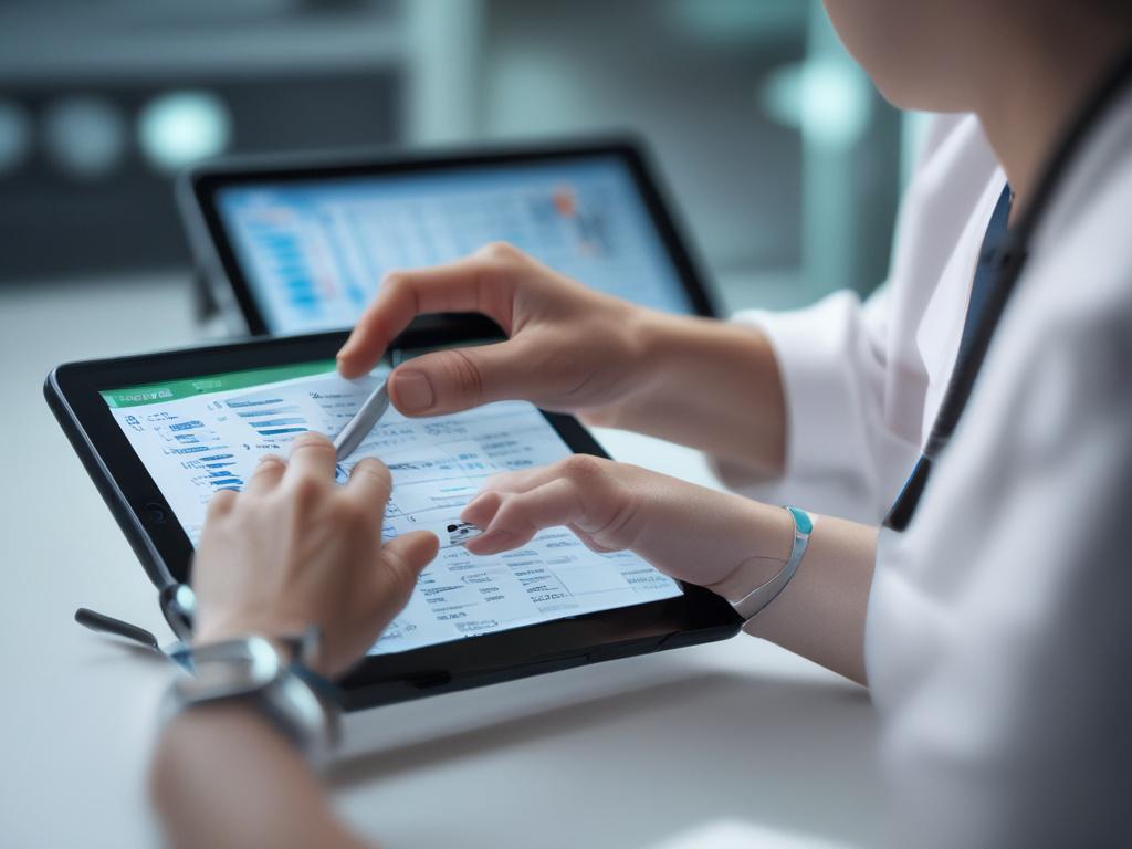 A close-up shot of a healthcare professional examining a patient's health data on a tablet, showcasing precision medicine. The background should be softly blurred to keep the focus on the professional and the tablet. The healthcare professional should appear engaged and thoughtful, representing the personalized approach of precision medicine. The color scheme should incorporate the primary color rgb(226, 1, 1) subtly in the tablet's interface or the professional's attire.