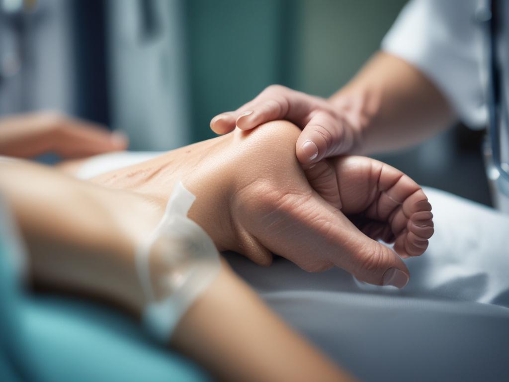 A close-up shot of a doctor performing regenerative joint therapy on a patient's knee in a clinical setting. The background is softly blurred to emphasize the procedure, focusing on the doctor's skilled hands and the patient's knee. The lighting is warm and inviting, capturing the essence of healing and care.