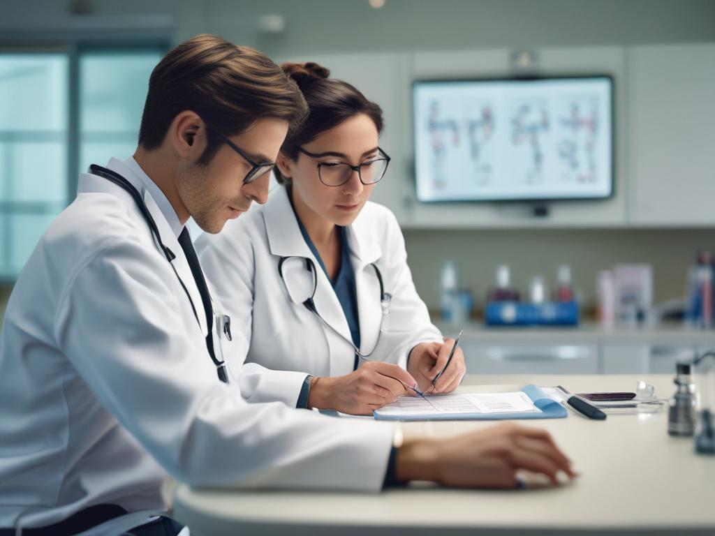 A focused image of a medical professional discussing a pain assessment with a patient in a modern clinic. The setting is bright and clean, with medical charts and equipment in the background, highlighting a professional and caring environment.