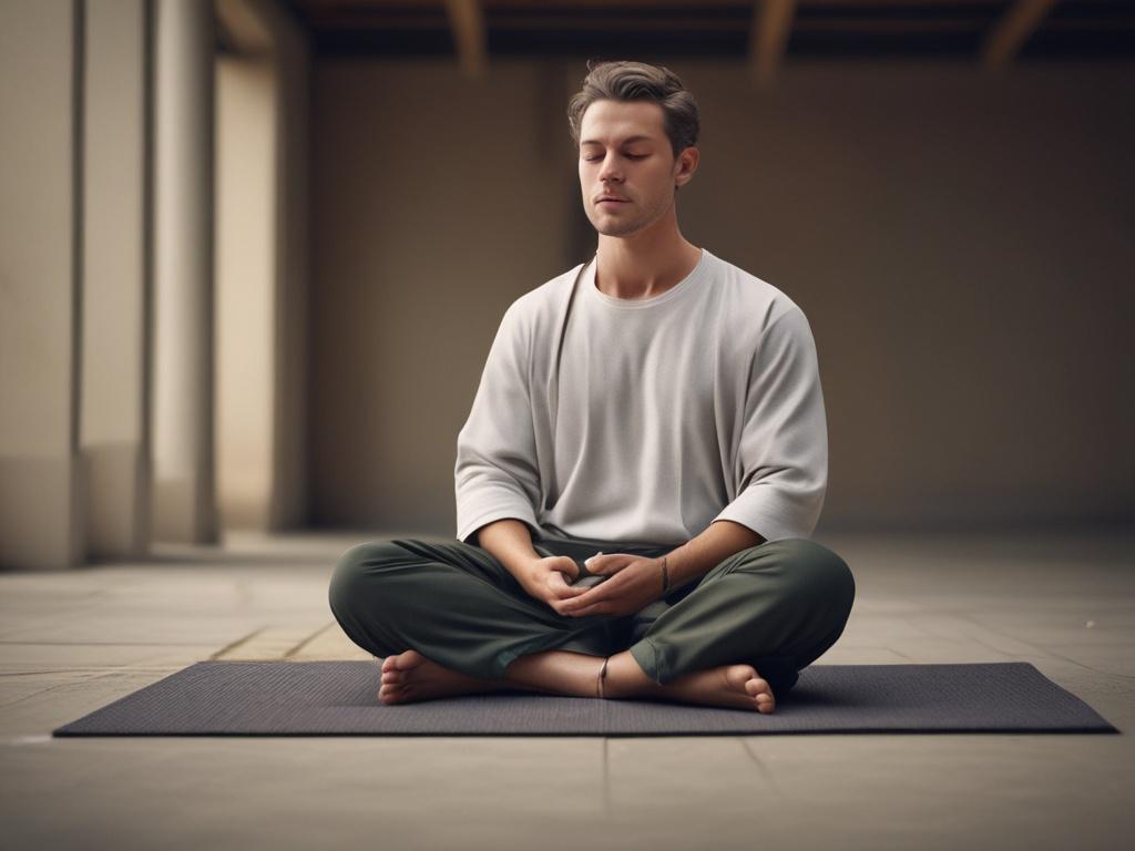 A serene setting featuring a person meditating in a peaceful environment. The subject is a close-up of an individual sitting cross-legged on a soft mat, eyes closed, with a gentle smile on their face, radiating tranquility. The background is softly blurred, showcasing lush greenery and delicate flowers, creating a calming atmosphere. The lighting is warm and inviting, emphasizing the subject's relaxed demeanor. The composition is simple and clear, focusing solely on the individual.