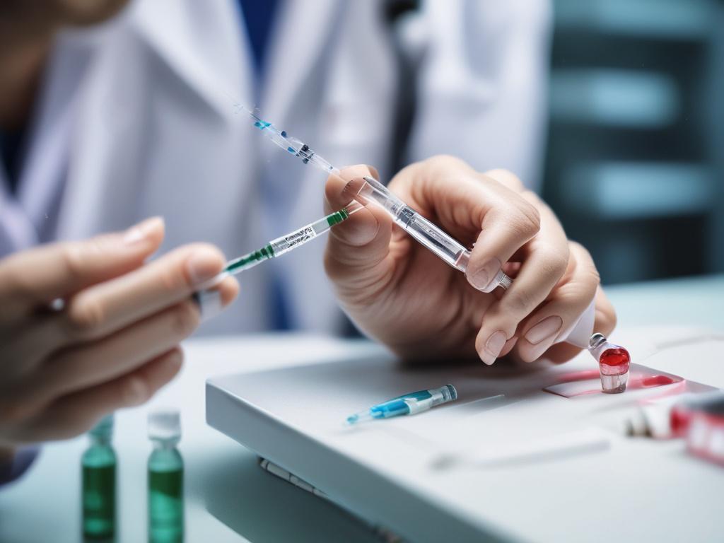 A close-up shot of a healthcare professional preparing a joint injection in a clinical setting. The focus is on the syringe filled with a clear solution, poised above a patient's knee joint. The background is softly blurred to emphasize the action, with medical equipment subtly visible. The lighting is warm and inviting, enhancing the professionalism of the scene.