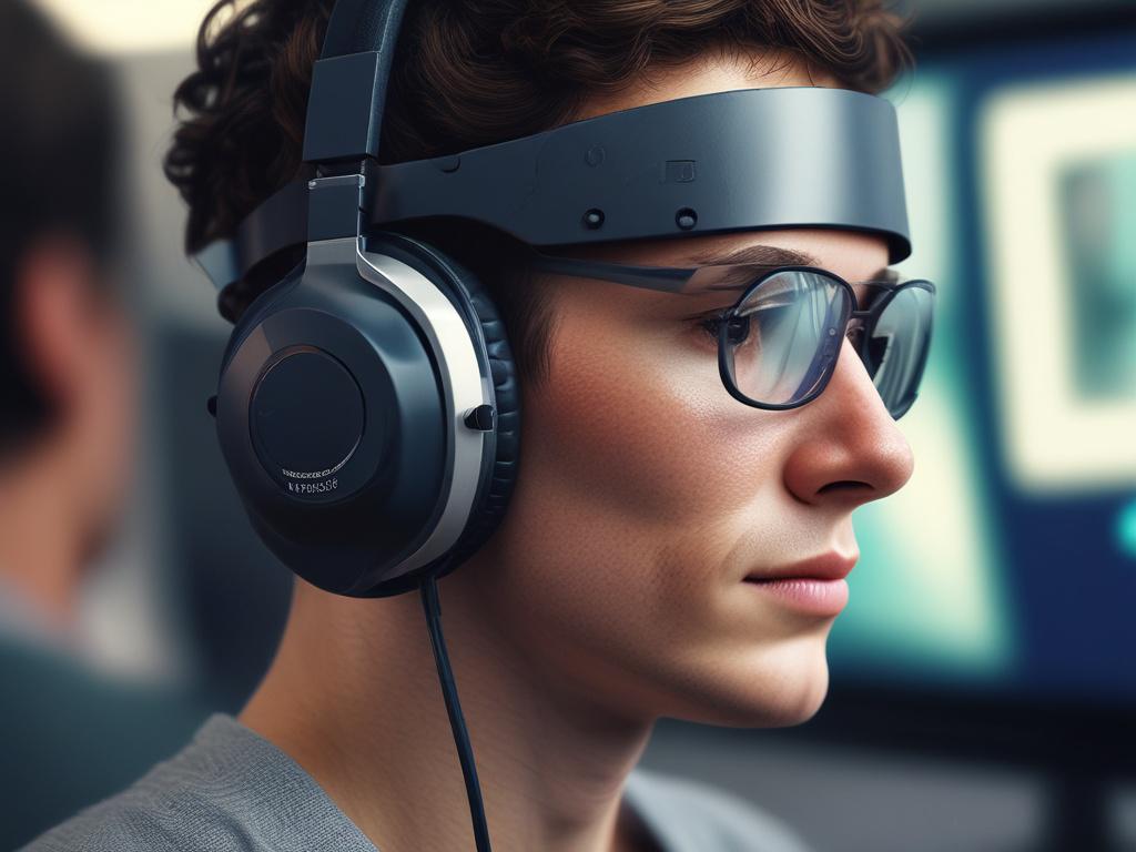 A close-up shot of a person wearing a neurofeedback headset, attentively focusing on a screen displaying brainwave activity. The subject's expression is one of concentration and calmness. The background is softly blurred to emphasize the subject, with warm lighting creating a soothing atmosphere. The colors should align with rgb(226, 1, 1), enhancing the overall visual appeal of the image.