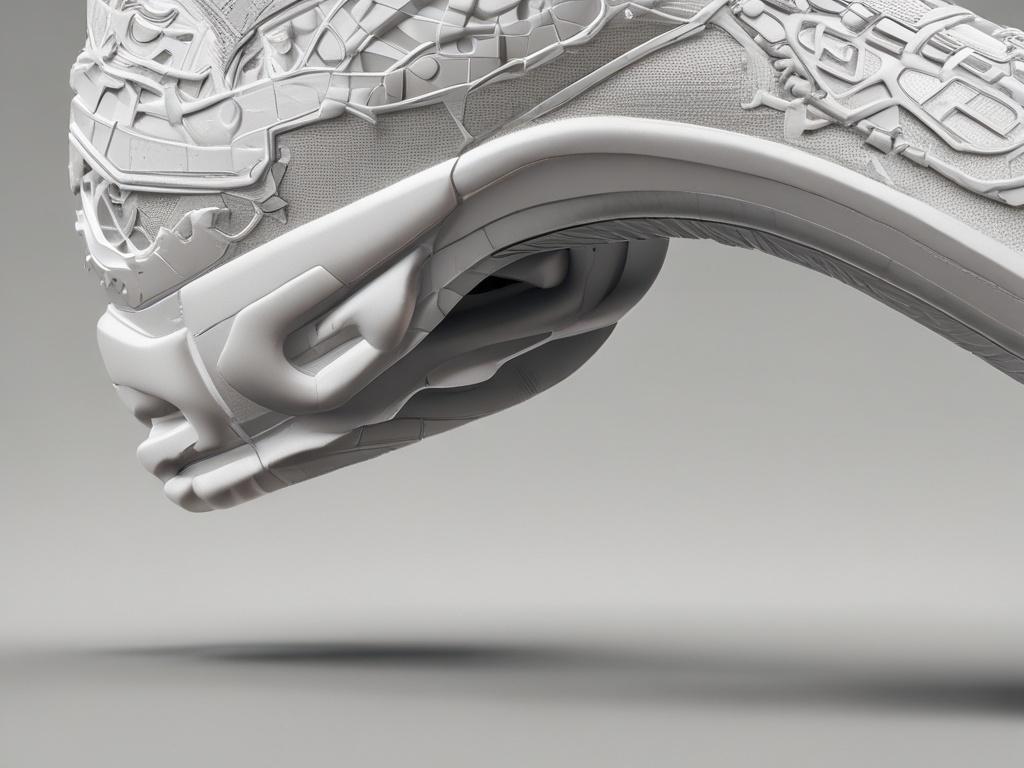 A close-up shot of a 3D printed shoe, showcasing intricate details and textures. The shoe should be displayed on a neutral background to emphasize its design, with a focus on the unique patterns created by the 3D printing process. The image should capture the shoe from an angle that highlights its structure and form, ensuring it appears realistic and inviting. The color scheme should align with the rgb(226, 1, 1) primary color.
