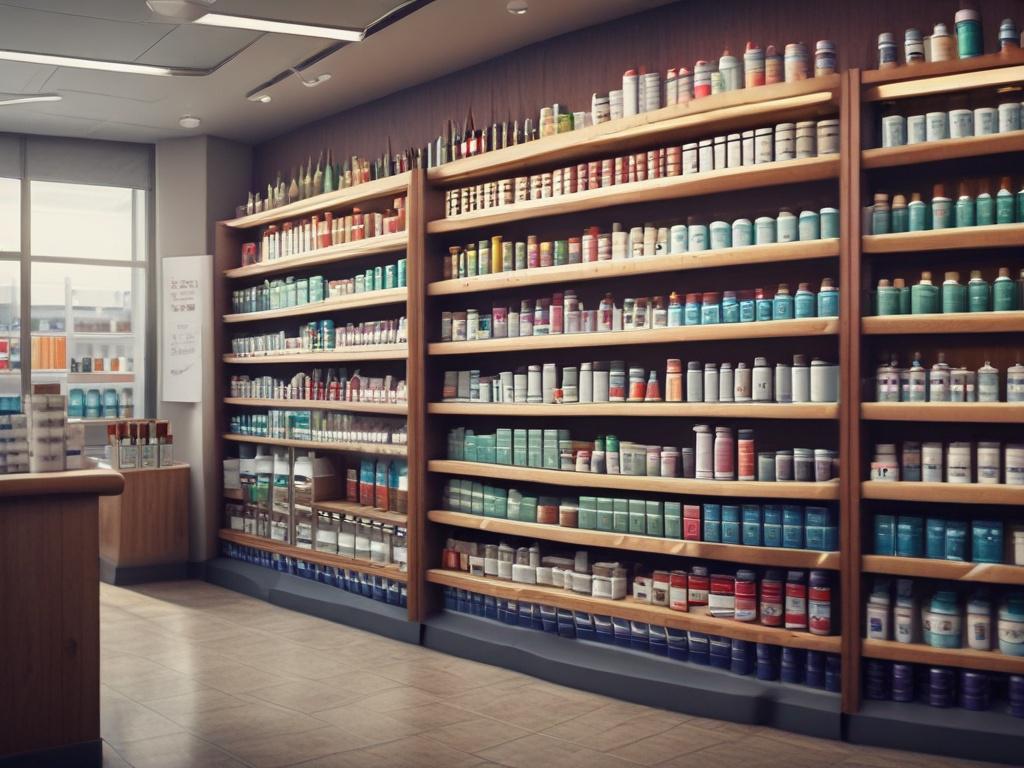 A high-resolution close-up shot of a modern pharmacy shop interior. The scene features neatly arranged shelves filled with various health and wellness products, including over-the-counter medications, supplements, and personal care items. The background should be softly blurred to emphasize the products on the shelves, with warm lighting creating an inviting atmosphere. The pharmacy's branding is subtly incorporated into the design, and the color scheme includes shades of red to align with the rgb(226, 1, 1