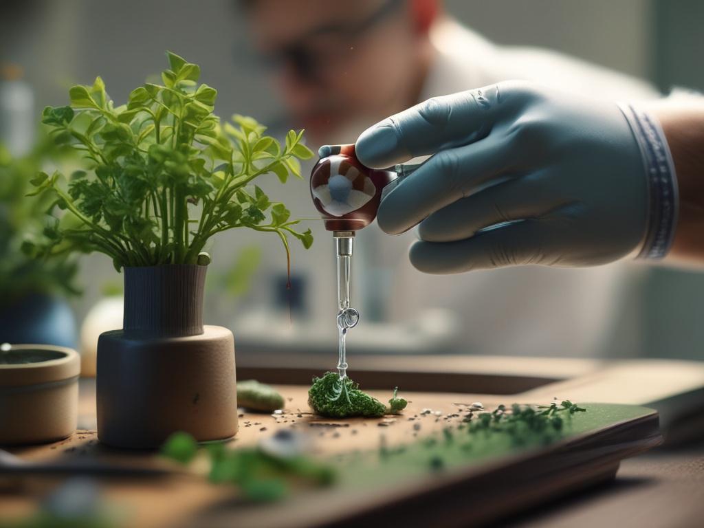 A close-up shot of a skilled practitioner demonstrating Precision Botany techniques. The practitioner is using advanced tools to extract plant compounds for pain management and regenerative medicine. The background is softly blurred with hints of green foliage to emphasize the natural aspect of the service. The image captures a moment of focus and expertise, showcasing the intricate process involved in Precision Botany.