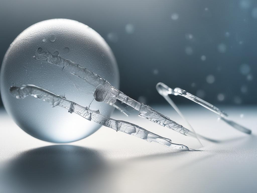 A close-up shot of a cryoablation probe with an ice ball, highlighting the intricate details of the probe and the frozen ice ball. The background is softly blurred to emphasize the subject while retaining a clinical and professional ambiance. The color scheme incorporates rgb(226, 1, 1) to create a striking contrast. The focus is on the precision engineering of the probe and the shimmering texture of the ice.