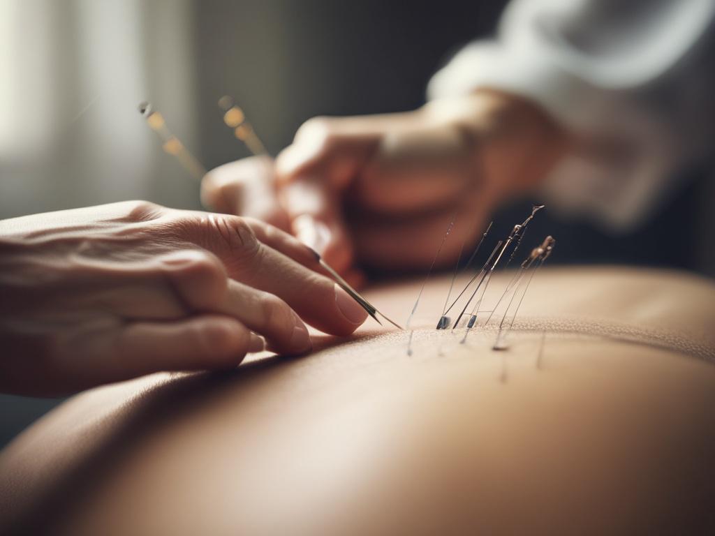 A close-up shot of a professional acupuncturist delicately placing acupuncture needles on a patient's back. The background is softly blurred to emphasize the intricate details of the needles and the serene expression of the patient. The image captures a warm and inviting atmosphere, showcasing a clean and calming treatment space that reflects professionalism and care.